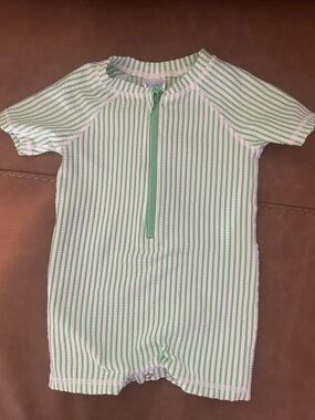 Green Stripe Kids Rashguard Swimsuit with Front Zip